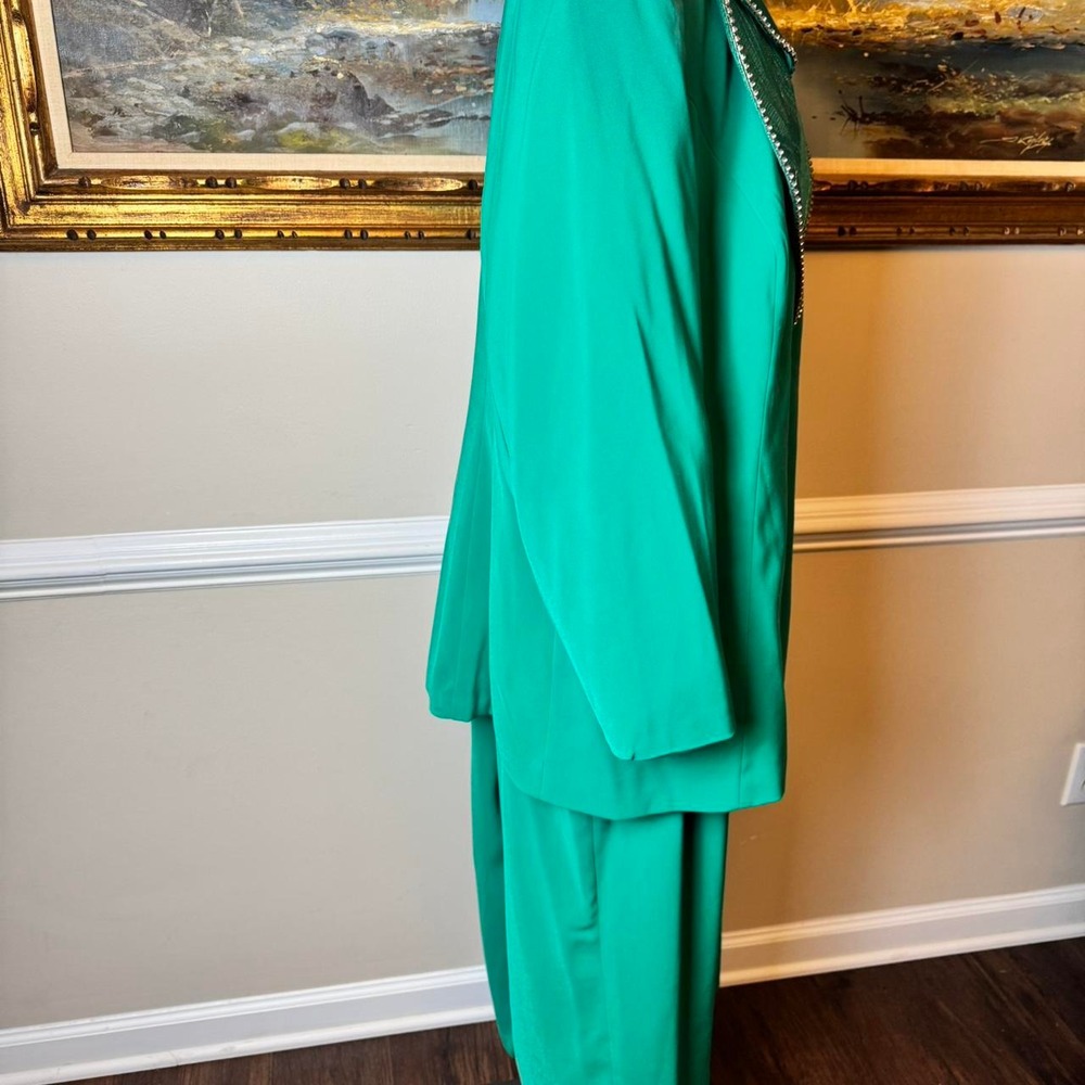 Vintage Emerald Green Skirt Suit Rhinestone Trim Gold Brooch Plus Size 18W - Picture 5 of 8